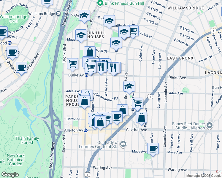 map of restaurants, bars, coffee shops, grocery stores, and more near 3018 Barnes Avenue in Bronx