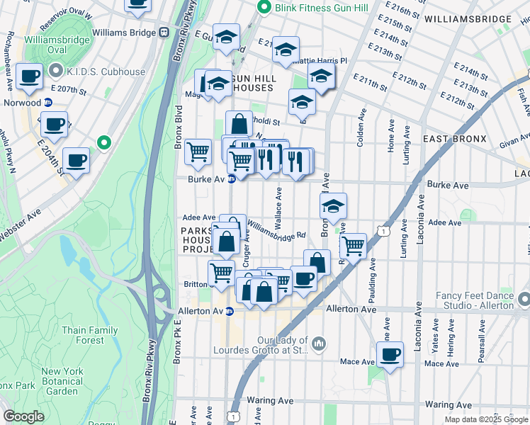 map of restaurants, bars, coffee shops, grocery stores, and more near 3027 Wallace Avenue in Bronx