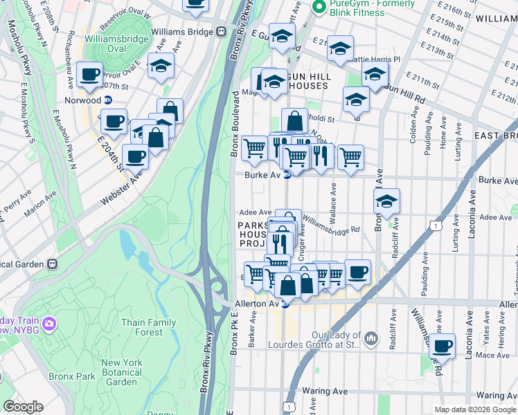 map of restaurants, bars, coffee shops, grocery stores, and more near 656 Lester Street in Bronx