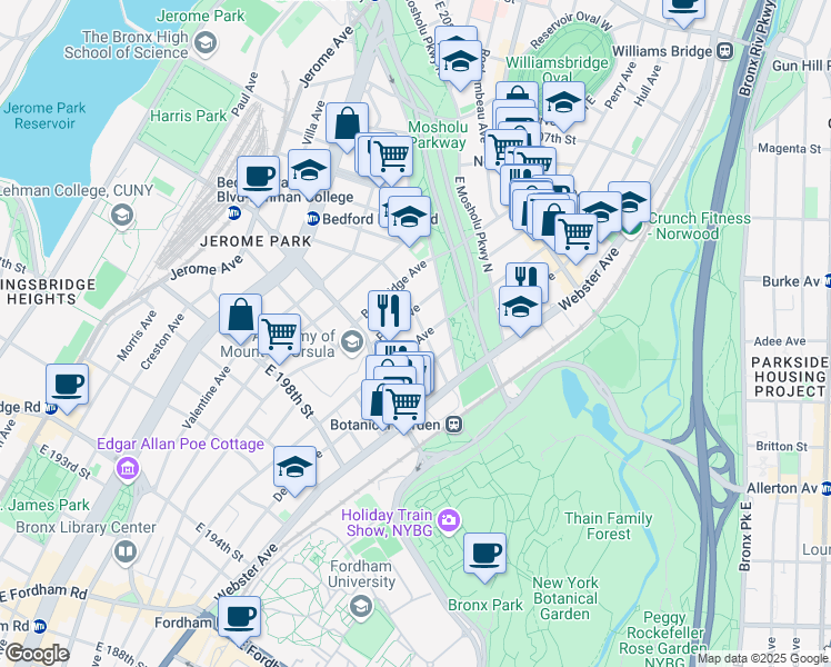 map of restaurants, bars, coffee shops, grocery stores, and more near in The Bronx