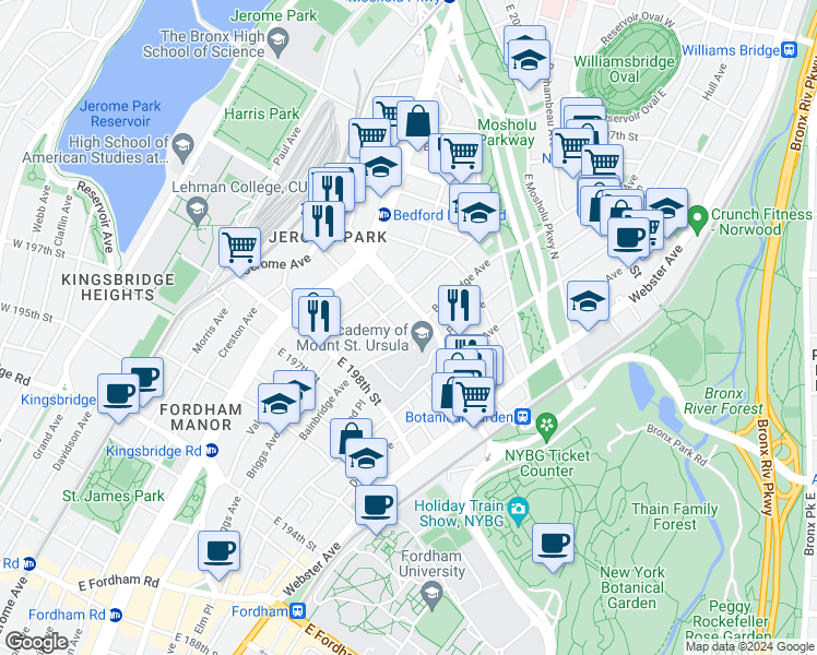 map of restaurants, bars, coffee shops, grocery stores, and more near in The Bronx