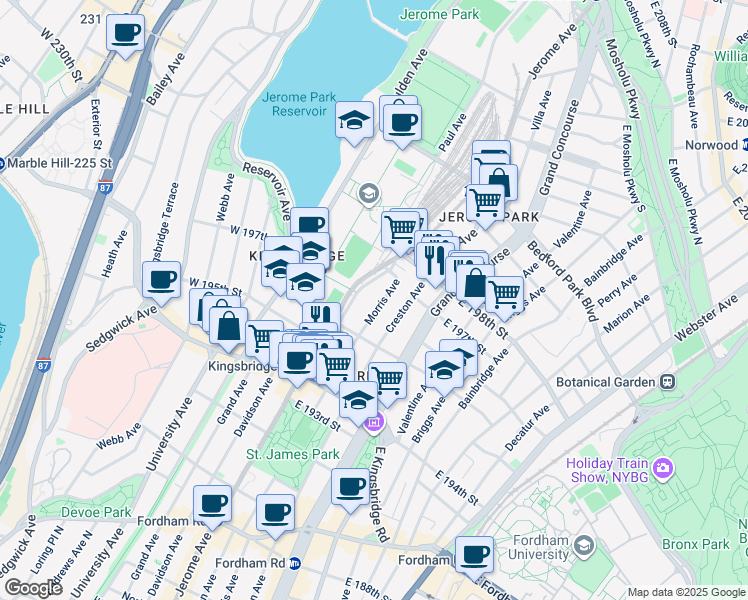 map of restaurants, bars, coffee shops, grocery stores, and more near 2808 Jerome Avenue in The Bronx