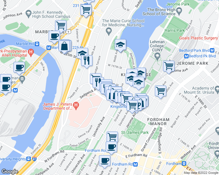 map of restaurants, bars, coffee shops, grocery stores, and more near 151 West 195th Street in Bronx
