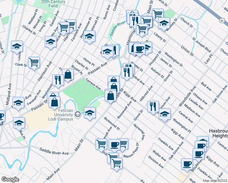 map of restaurants, bars, coffee shops, grocery stores, and more near 116 South Main Street in Lodi
