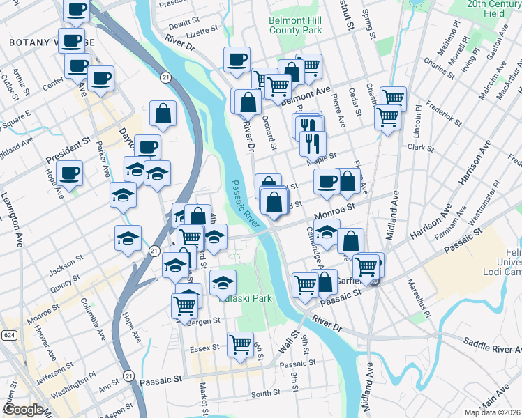 map of restaurants, bars, coffee shops, grocery stores, and more near 12 Willard Street in Garfield