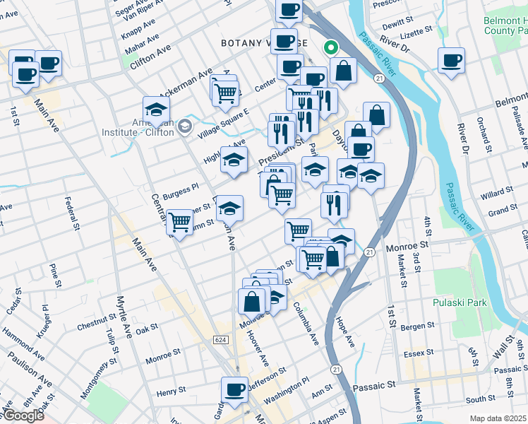 map of restaurants, bars, coffee shops, grocery stores, and more near 209 Hope Avenue in Passaic