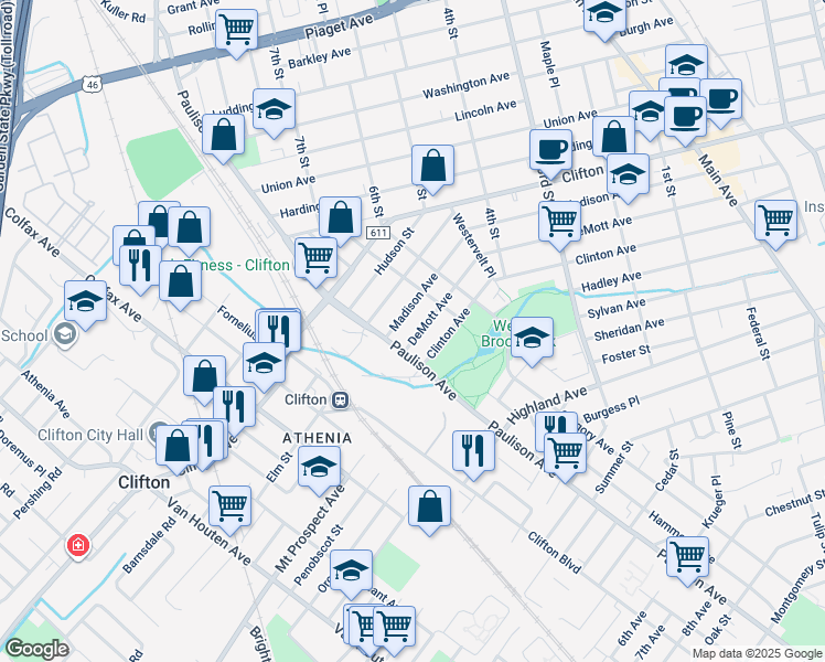 map of restaurants, bars, coffee shops, grocery stores, and more near 352 Madison Avenue in Clifton