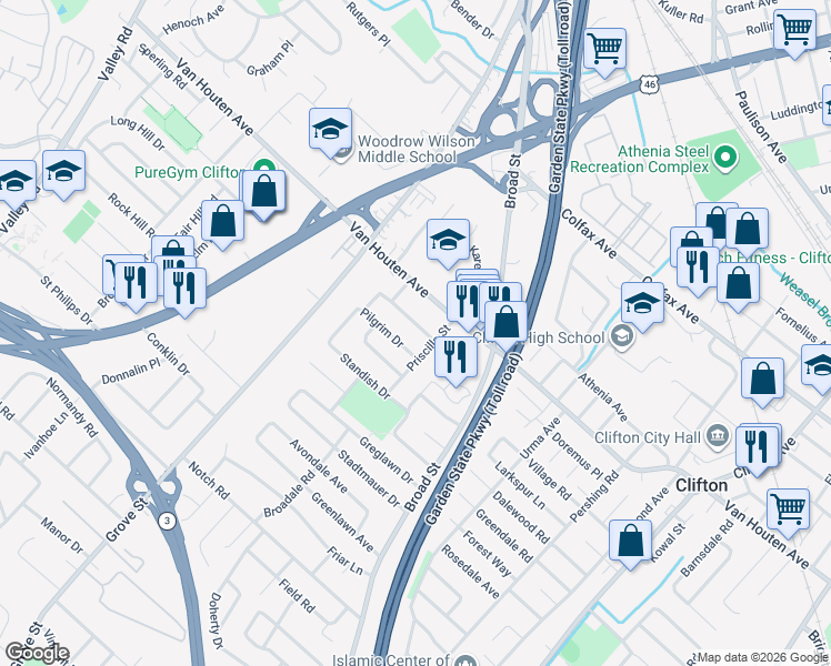 map of restaurants, bars, coffee shops, grocery stores, and more near 58 Thanksgiving Lane in Clifton