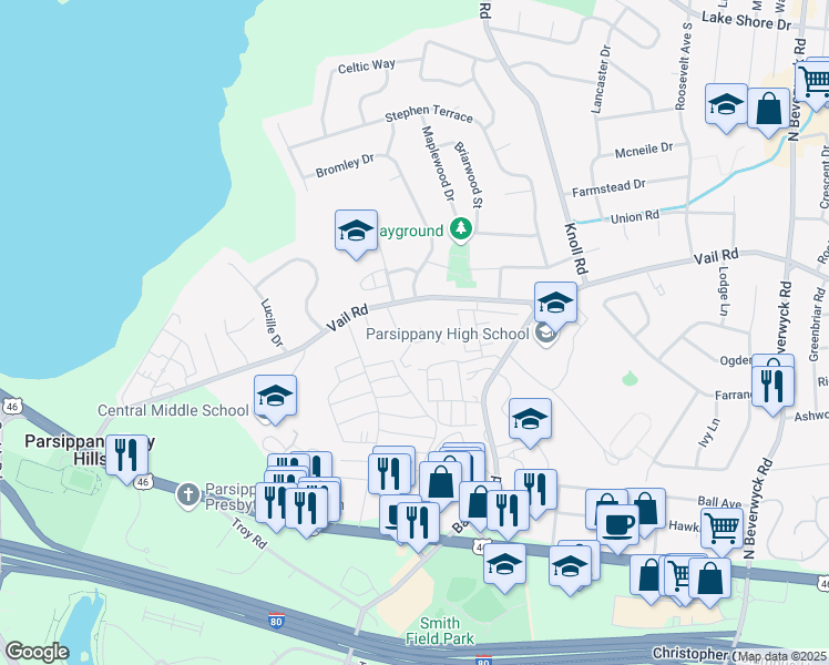 map of restaurants, bars, coffee shops, grocery stores, and more near 407 Vail Road in Parsippany-Troy Hills