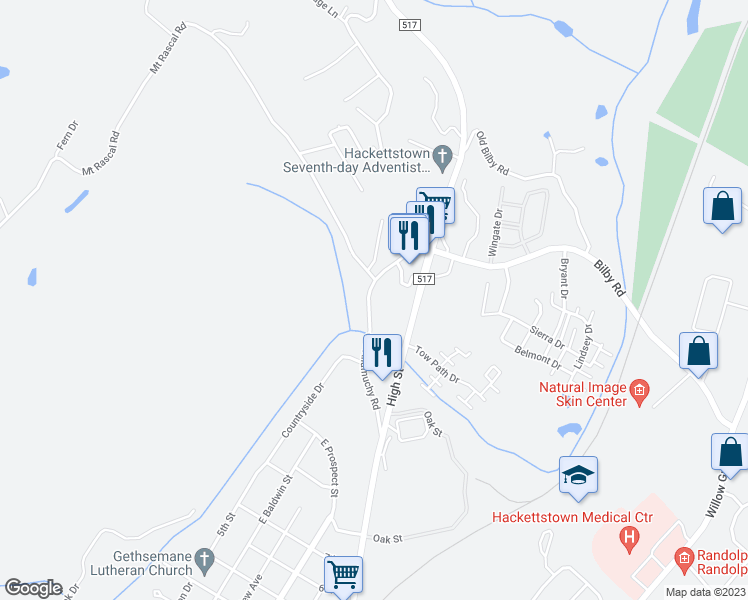 map of restaurants, bars, coffee shops, grocery stores, and more near 130 Mount Rascal Road in Hackettstown