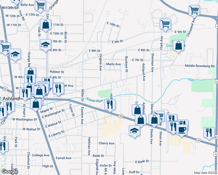 map of restaurants, bars, coffee shops, grocery stores, and more near 540 Cleveland Avenue in Ashland