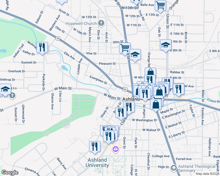map of restaurants, bars, coffee shops, grocery stores, and more near 411 Sandusky Street in Ashland