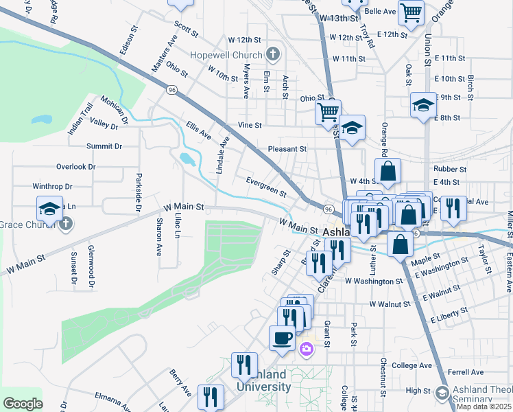 map of restaurants, bars, coffee shops, grocery stores, and more near 507 Evergreen Street in Ashland