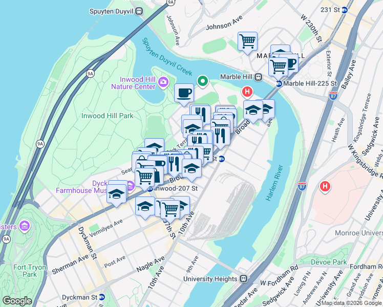 map of restaurants, bars, coffee shops, grocery stores, and more near 17 Park Terrace East in New York