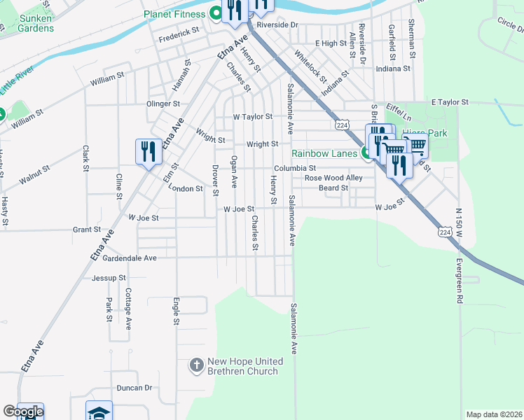 map of restaurants, bars, coffee shops, grocery stores, and more near 1220 Charles Street in Huntington