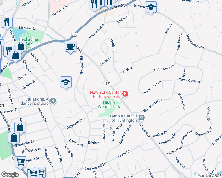 map of restaurants, bars, coffee shops, grocery stores, and more near 587 Park Avenue in Huntington