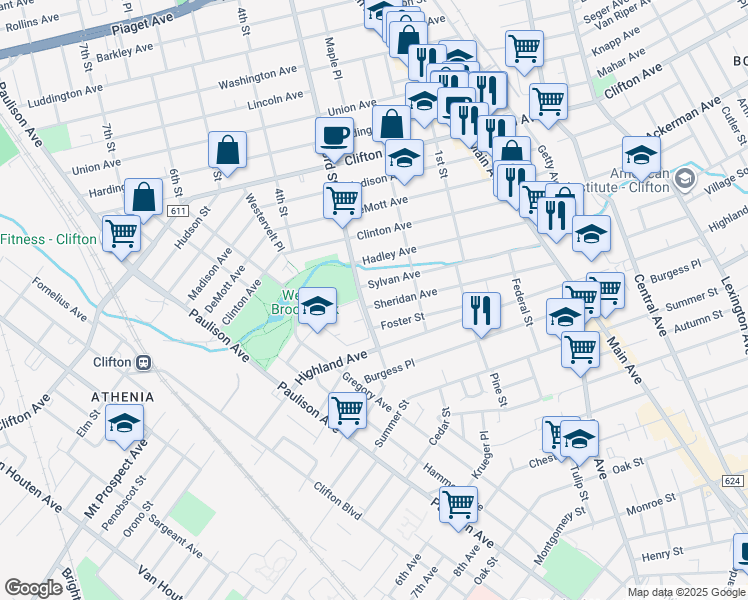 map of restaurants, bars, coffee shops, grocery stores, and more near 158 Sylvan Avenue in Clifton