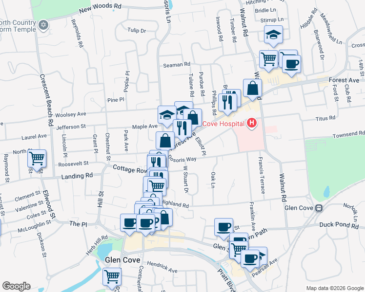 map of restaurants, bars, coffee shops, grocery stores, and more near 18 Forest Avenue in Glen Cove
