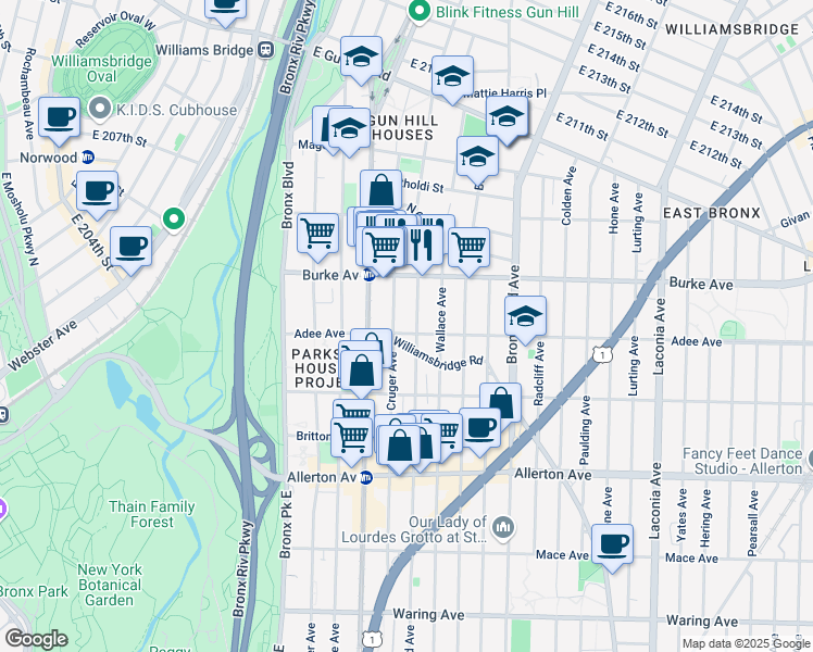 map of restaurants, bars, coffee shops, grocery stores, and more near 3032 Cruger Avenue in Bronx