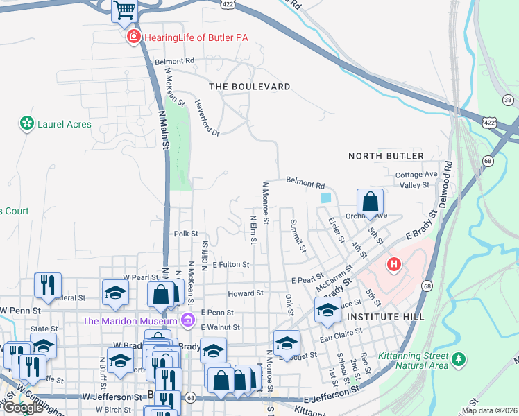 map of restaurants, bars, coffee shops, grocery stores, and more near 402 Hulmen Street in Butler