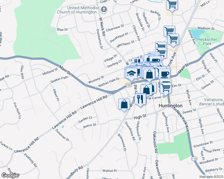 map of restaurants, bars, coffee shops, grocery stores, and more near 34 Nathan Hale Drive in Huntington