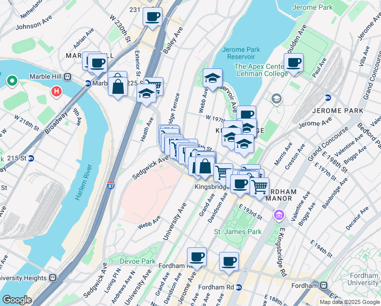 map of restaurants, bars, coffee shops, grocery stores, and more near 151 West 195th Street in Bronx