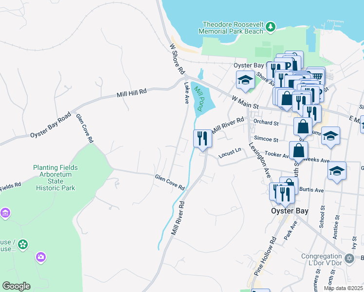 map of restaurants, bars, coffee shops, grocery stores, and more near 44 Lake Avenue in Oyster Bay
