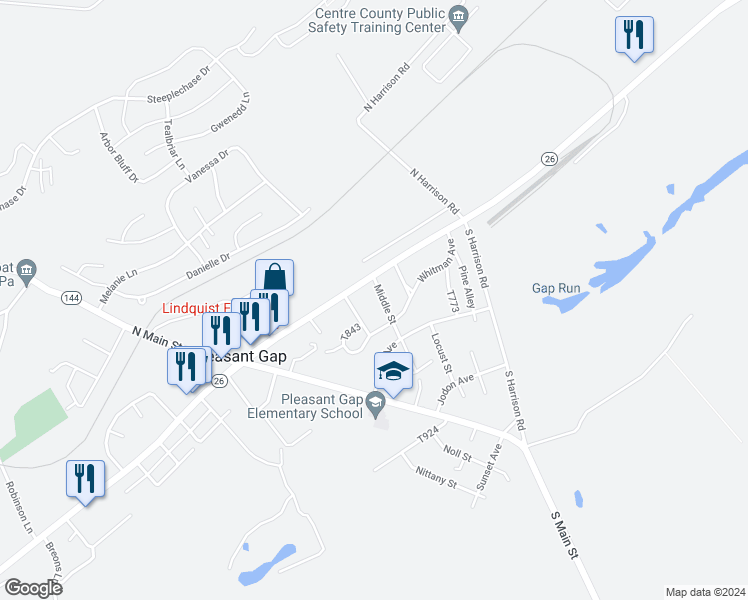 map of restaurants, bars, coffee shops, grocery stores, and more near 120 Middle Street in Pleasant Gap