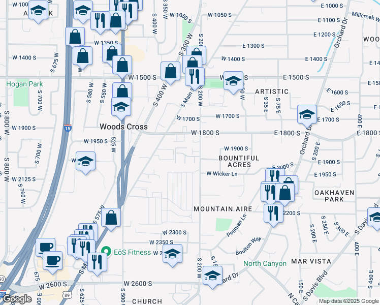 map of restaurants, bars, coffee shops, grocery stores, and more near 1940 South 200 West in Bountiful