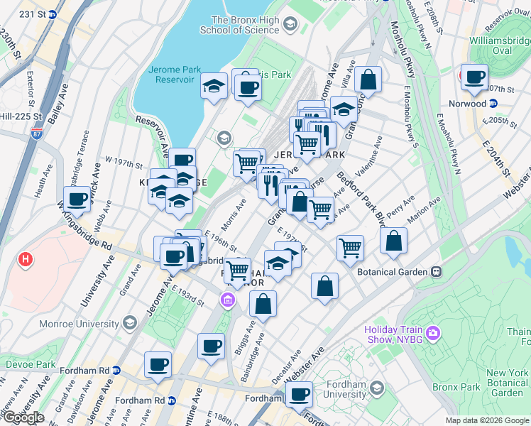 map of restaurants, bars, coffee shops, grocery stores, and more near 2825 Grand Concourse in Bronx