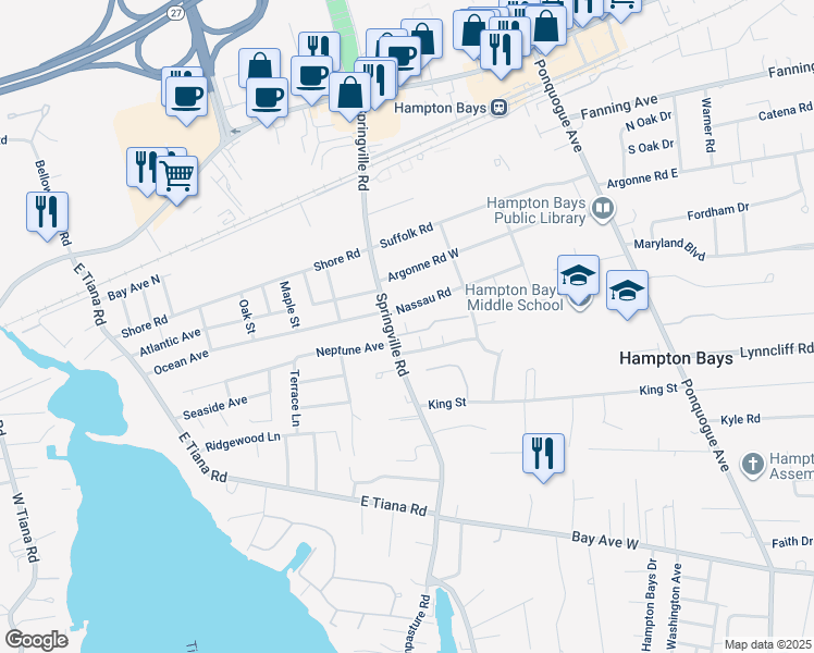 map of restaurants, bars, coffee shops, grocery stores, and more near 29 Nassau Road in Hampton Bays