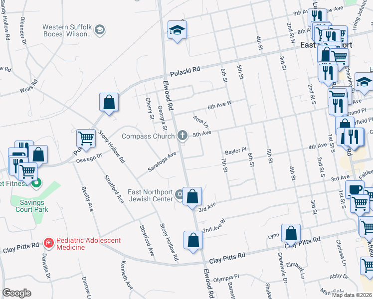 map of restaurants, bars, coffee shops, grocery stores, and more near 239 Elwood Road in East Northport