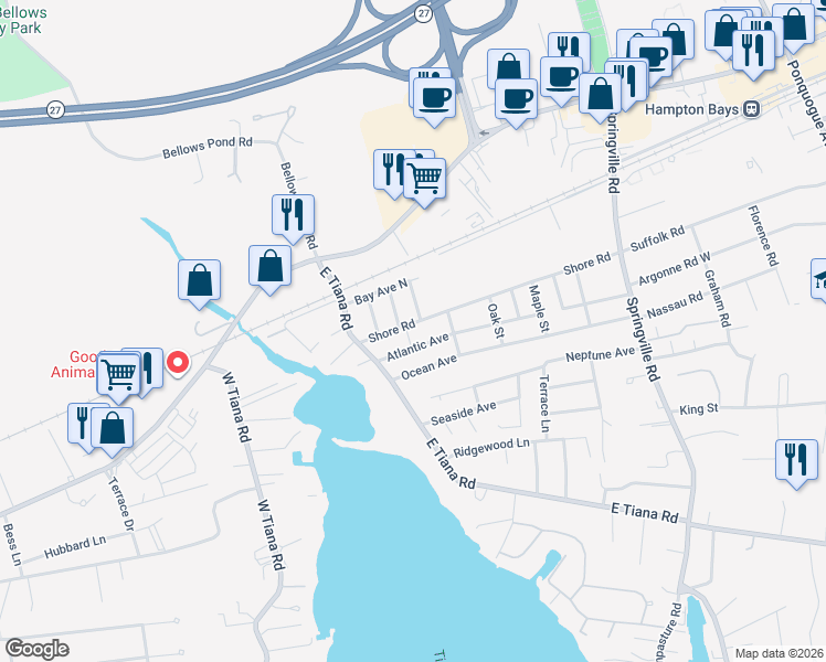 map of restaurants, bars, coffee shops, grocery stores, and more near 60 Shore Road in Hampton Bays