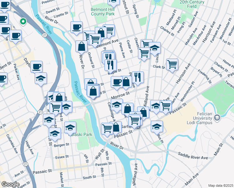 map of restaurants, bars, coffee shops, grocery stores, and more near 69 Grand Street in Garfield