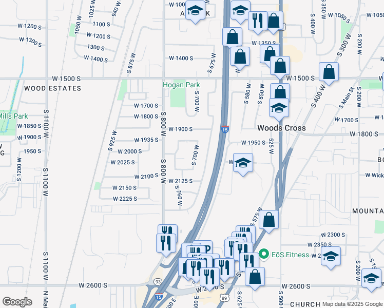 map of restaurants, bars, coffee shops, grocery stores, and more near 2008 South 700 West in Woods Cross
