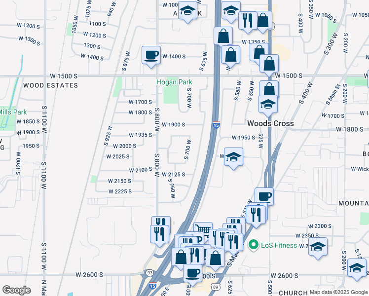 map of restaurants, bars, coffee shops, grocery stores, and more near 2008 South 700 West in Woods Cross