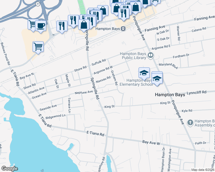map of restaurants, bars, coffee shops, grocery stores, and more near 95 Springville Road in Hampton Bays