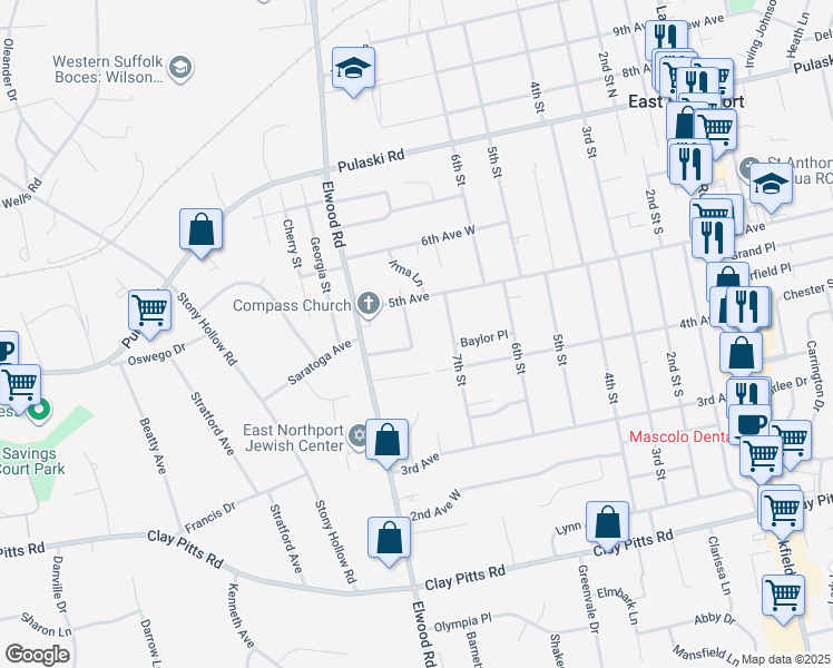 map of restaurants, bars, coffee shops, grocery stores, and more near 24 Rocco Drive in East Northport