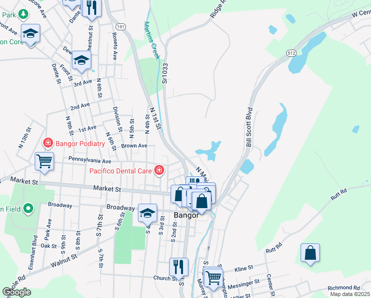 map of restaurants, bars, coffee shops, grocery stores, and more near 225 North Main Street in Bangor
