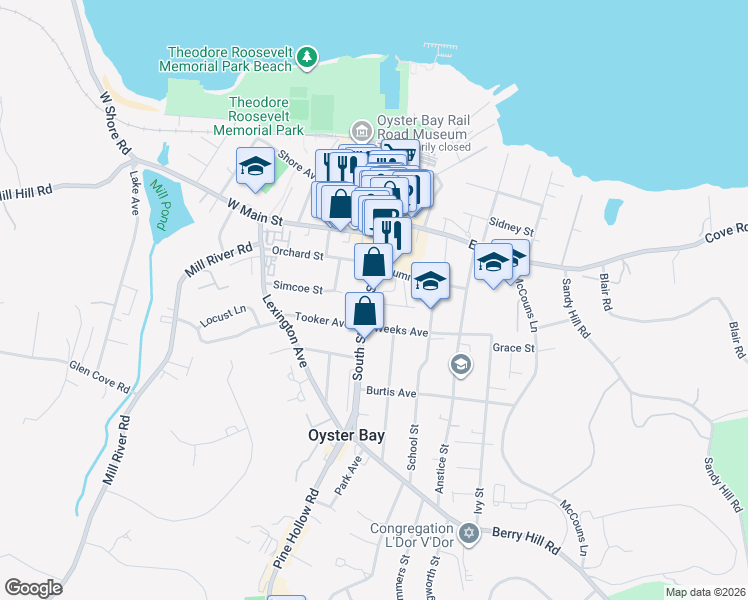 map of restaurants, bars, coffee shops, grocery stores, and more near 169 South Street in Oyster Bay
