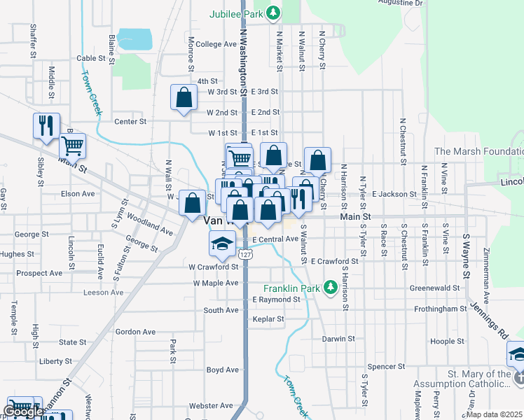 map of restaurants, bars, coffee shops, grocery stores, and more near 121 East Main Street in Van Wert