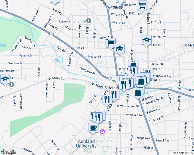 map of restaurants, bars, coffee shops, grocery stores, and more near 411 Sandusky Street in Ashland