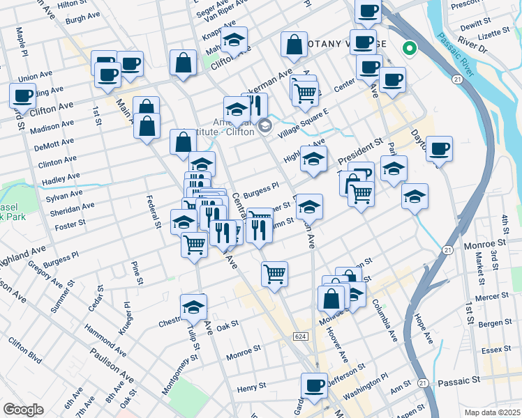 map of restaurants, bars, coffee shops, grocery stores, and more near 42 Summer Street in Passaic