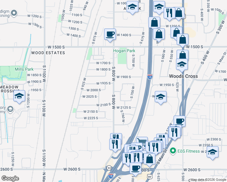 map of restaurants, bars, coffee shops, grocery stores, and more near 1997 South 800 West in Woods Cross