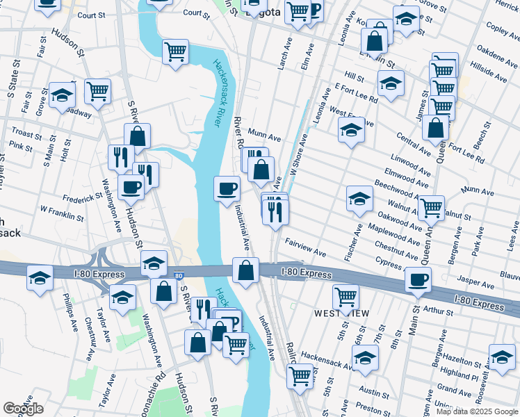 map of restaurants, bars, coffee shops, grocery stores, and more near 24 River Road in Bogota