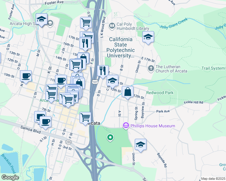 map of restaurants, bars, coffee shops, grocery stores, and more near in Arcata
