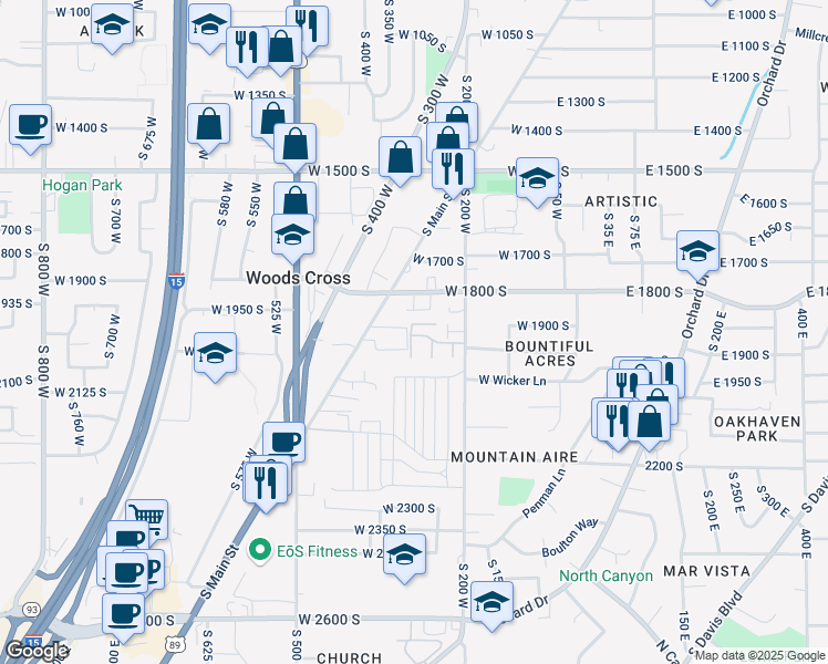 map of restaurants, bars, coffee shops, grocery stores, and more near 1835 South Main Street in Bountiful