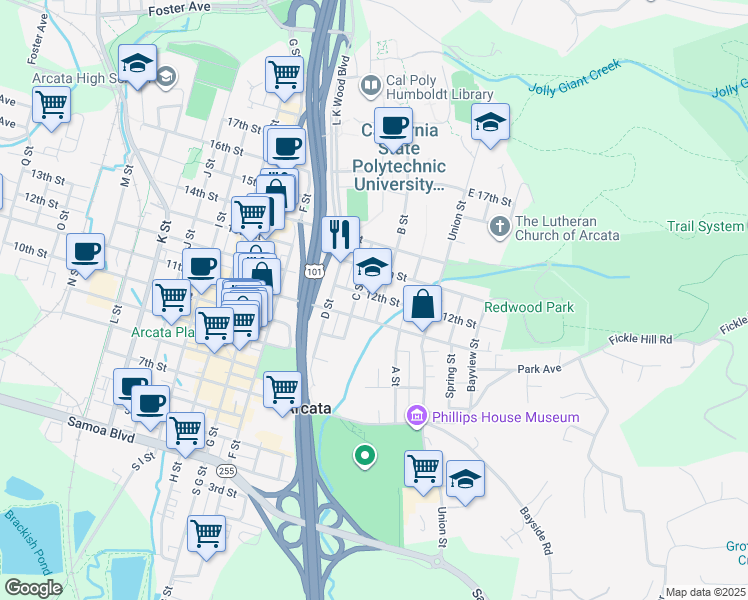map of restaurants, bars, coffee shops, grocery stores, and more near in Arcata