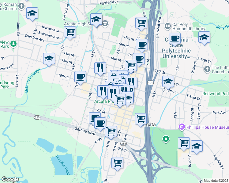 map of restaurants, bars, coffee shops, grocery stores, and more near 1061 I Street in Arcata