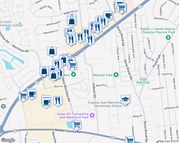 map of restaurants, bars, coffee shops, grocery stores, and more near 211 Symphony Drive in Lake Grove